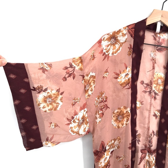 Xhilaration kimono floral dusty rose fall autumn sheer top boho robe M L women's - Picture 4 of 12